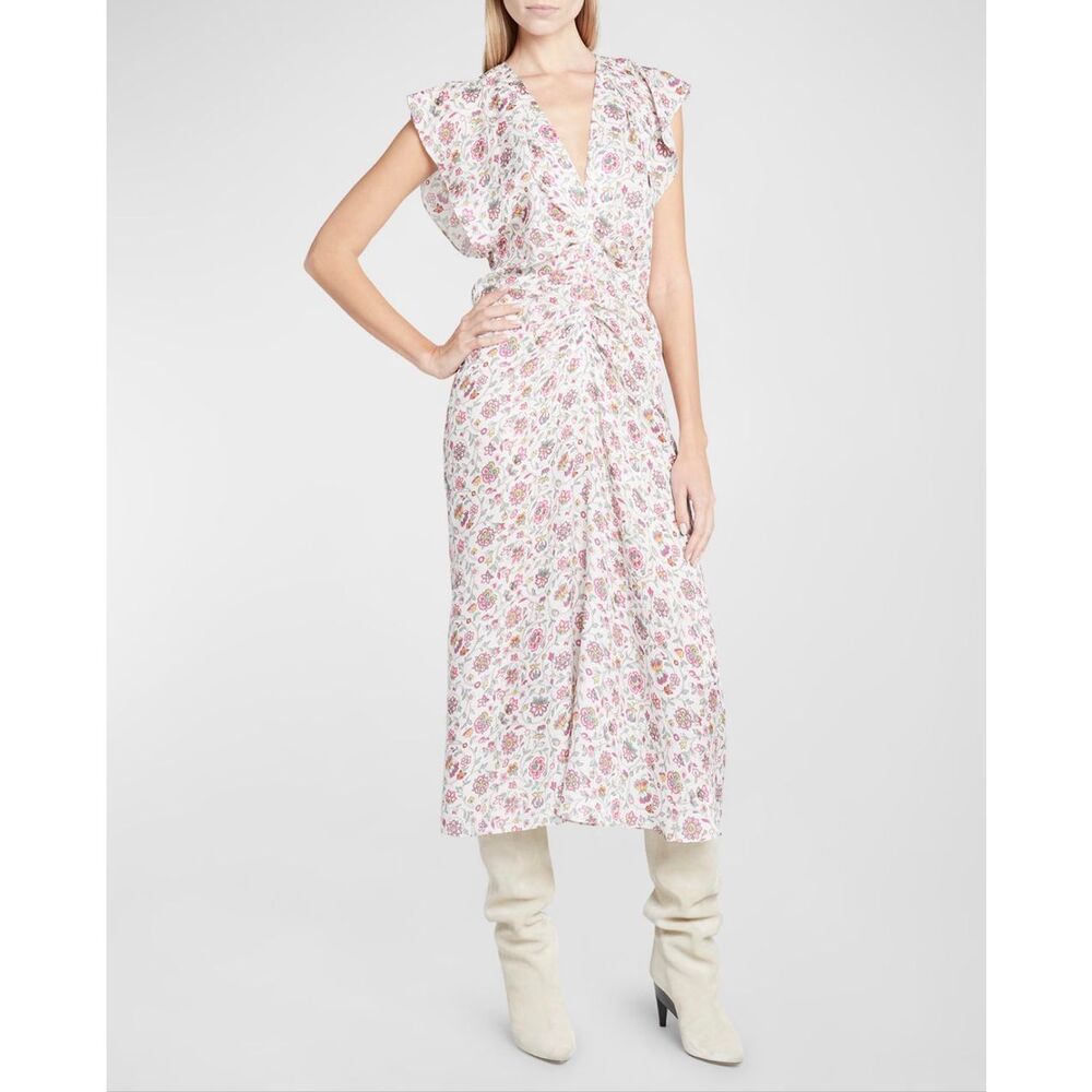 Isabel Marant Lyndsay Floral Silk Blend Ruched Midi Dress French Boho US 12